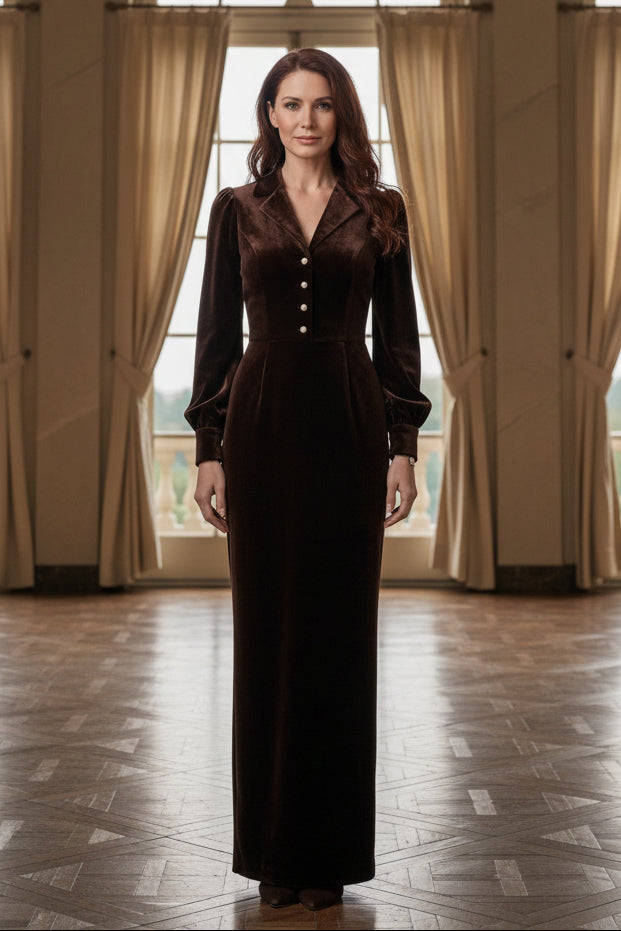 Collared Velvet Maxi Dress with Button Bodice