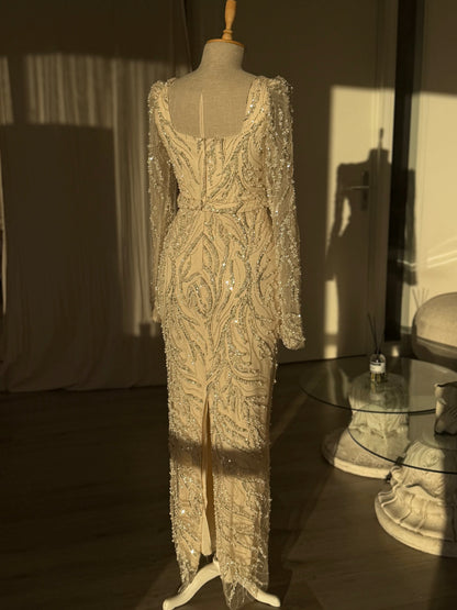 Sequin Swirl Long Sleeve Square Neck Maxi Dress