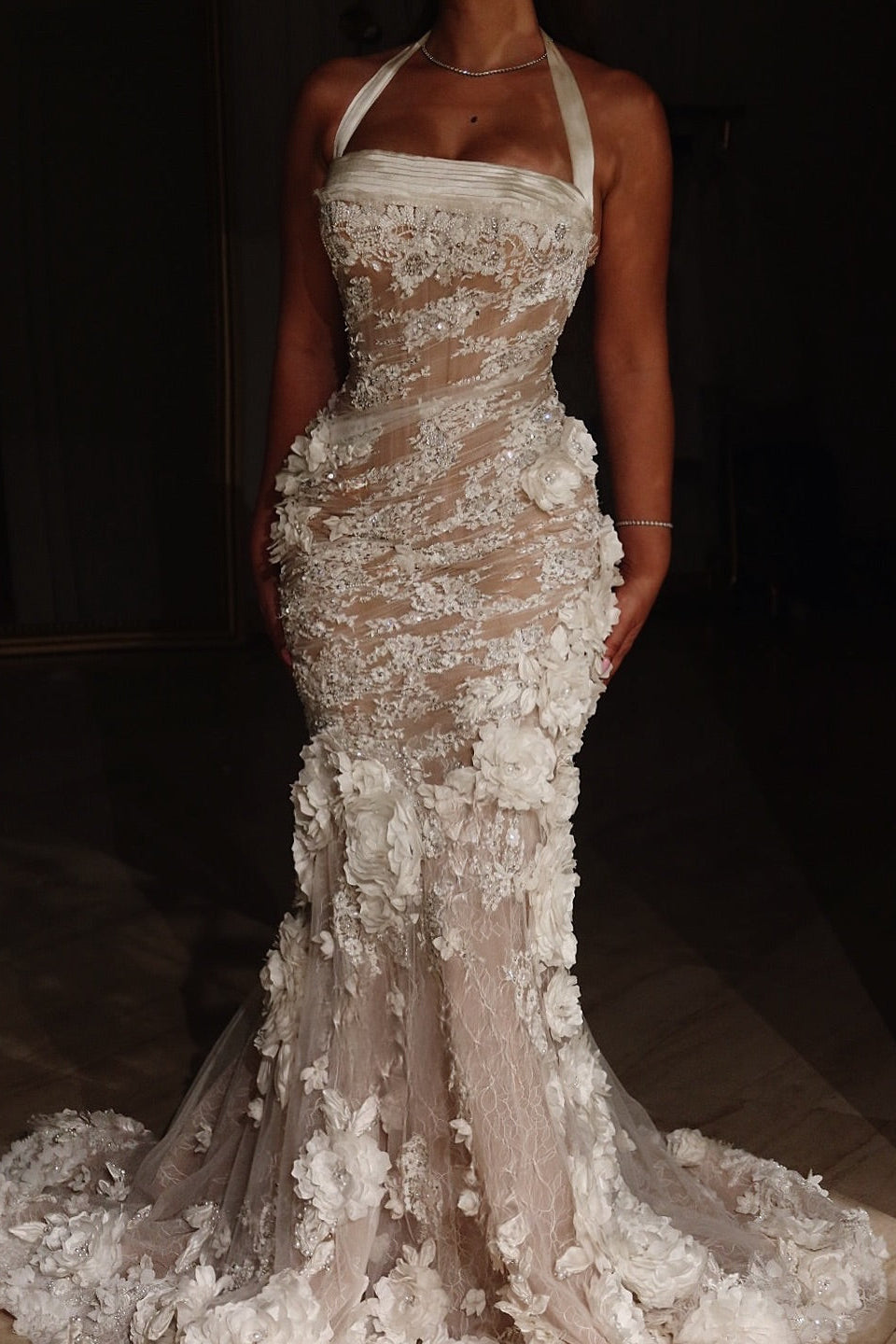 Halter Mermaid Wedding Dress with 3D Florals