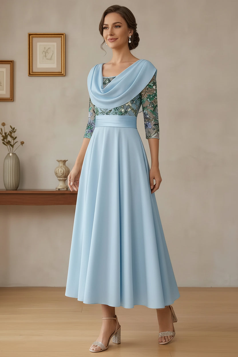 Light Blue Cowl Neck Sequin Floral Bodice A-Line Mother of the Bride Dress with 3/4 Sleeves