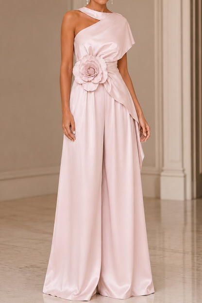 One-Shoulder Rosette Wide-Leg Satin Jumpsuit