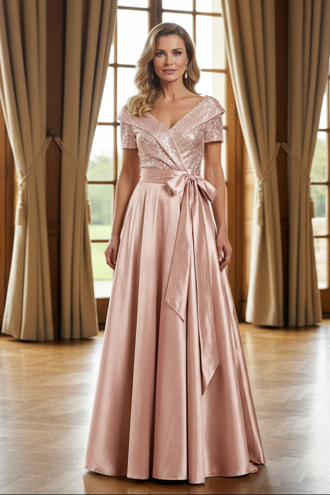 Sequin V-Neck A-Line Gown with Satin Bow