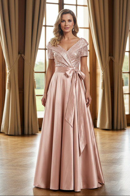 Sequin V-Neck A-Line Gown with Satin Bow