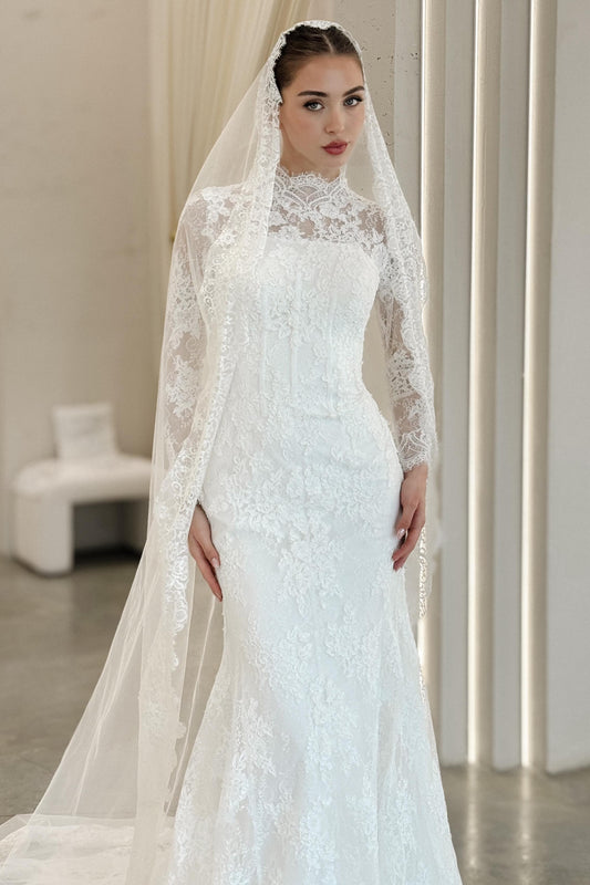 High Neck Lace Mermaid Bridal Gown with Overskirt