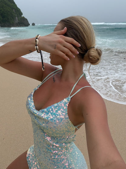 Iridescent Sequin Mini Dress with Crisscross Back