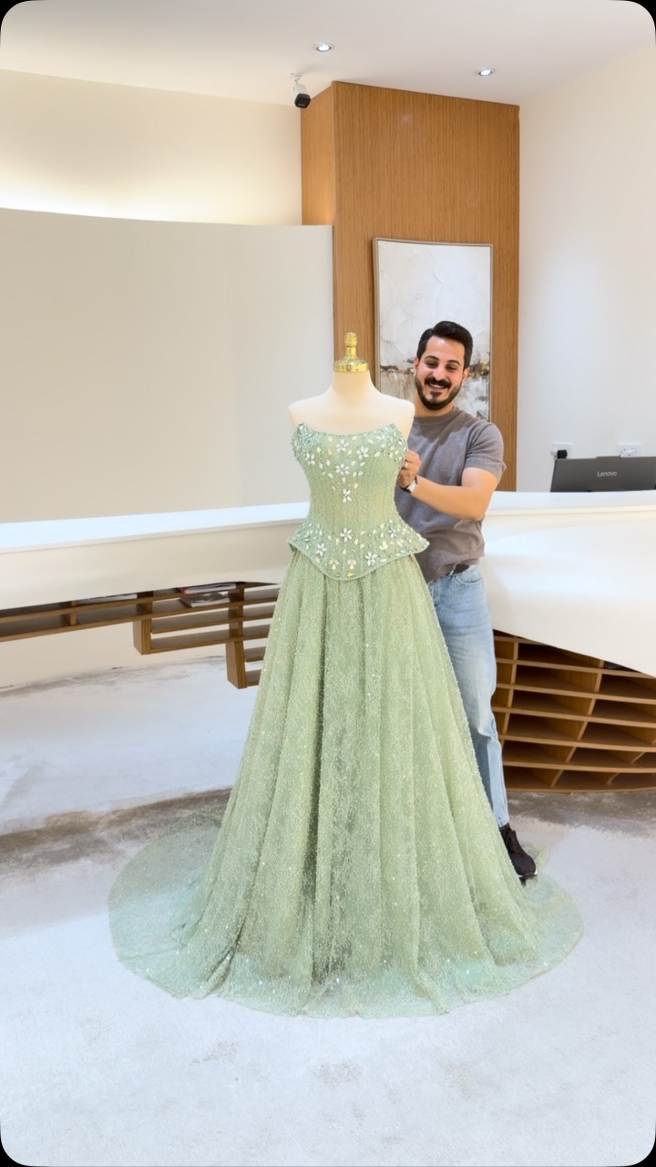 Strapless Floral Beaded Basque Waist Evening Gown
