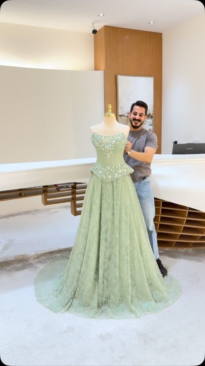 Strapless Floral Beaded Basque Waist Evening Gown