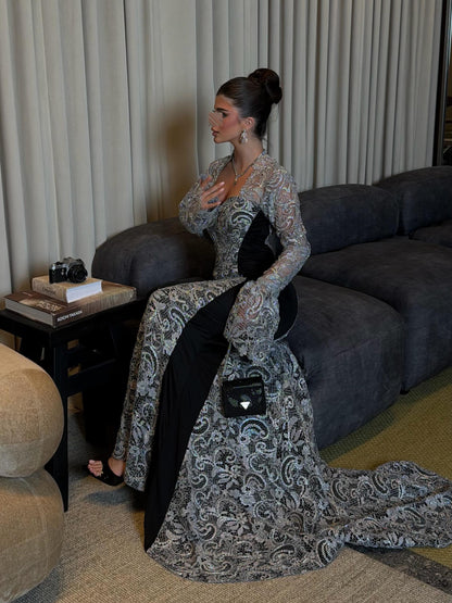 Open Back Mermaid Evening Gown with Bell Sleeves