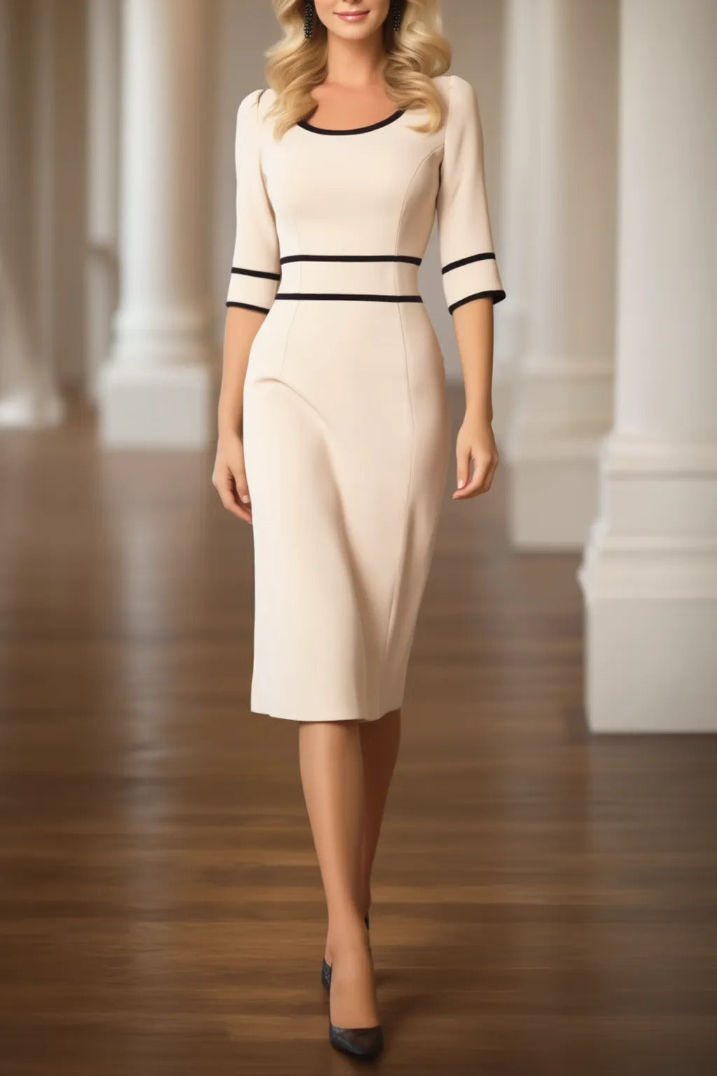 Contrast Trim Scoop Neck Midi Sheath Dress
