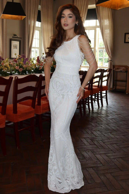 Backless Sequined Gown with Beaded Shoulder Drapes