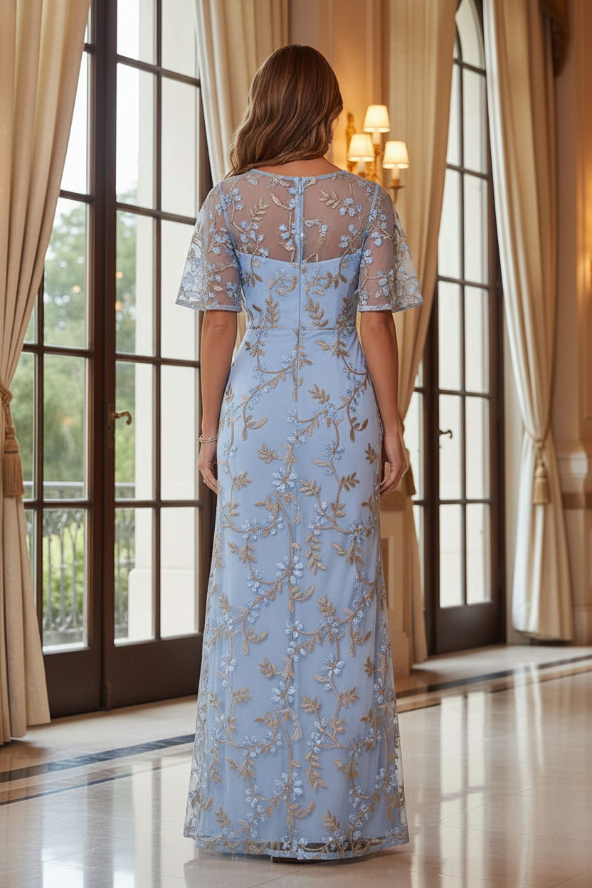 Floral Embroidered Illusion Flutter Sleeve Maxi Dress