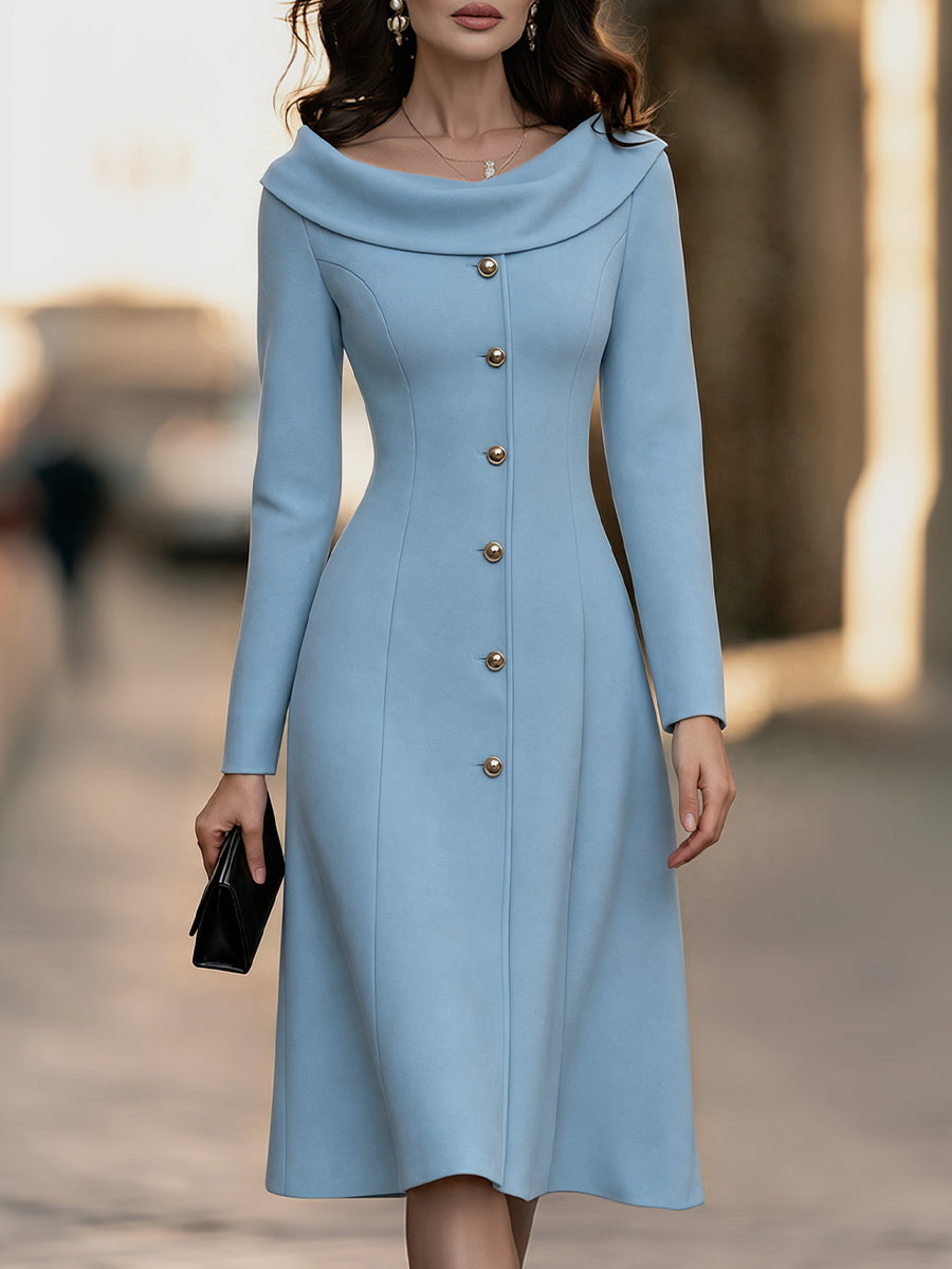 Foldover Collar Midi Dress with Front Buttons