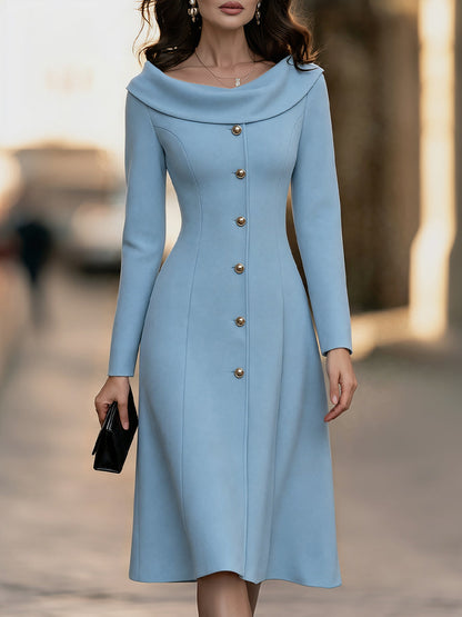 Foldover Collar Midi Dress with Front Buttons