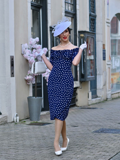Off-the-Shoulder Polka Dot Midi Sheath Dress
