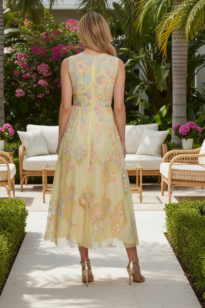 Sleeveless Floral Embroidered Midi A-Line Dress