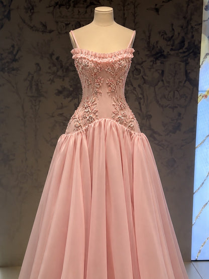 Embroidered Corset Ball Gown with Ruffle Neck