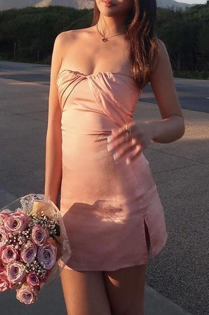 Strapless Ruched Bust Satin Mini Dress with Slit