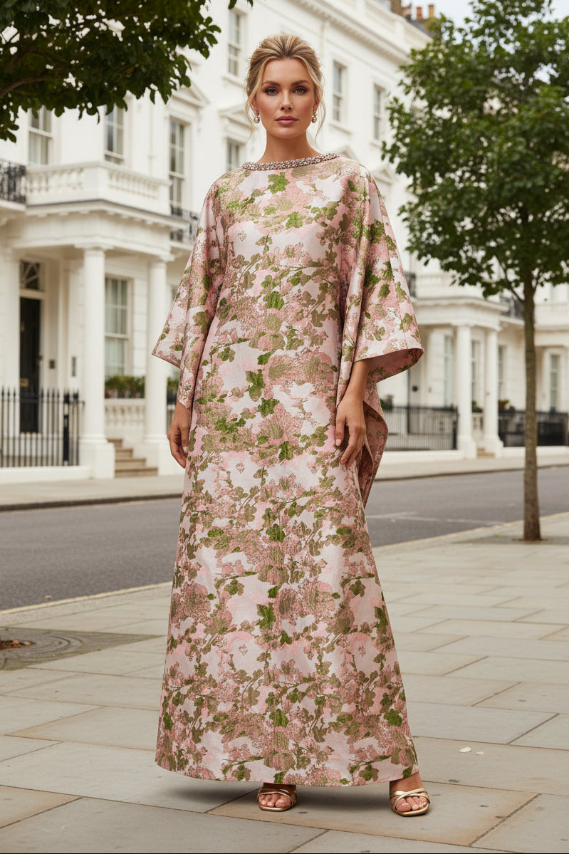 Floral Jacquard Cape Sleeve Beaded Maxi Dress