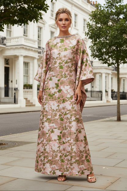 Floral Jacquard Cape Sleeve Beaded Maxi Dress