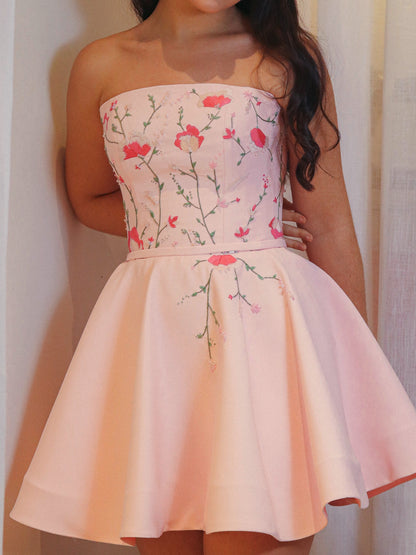 Strapless Floral Embroidered A-Line Mini Dress