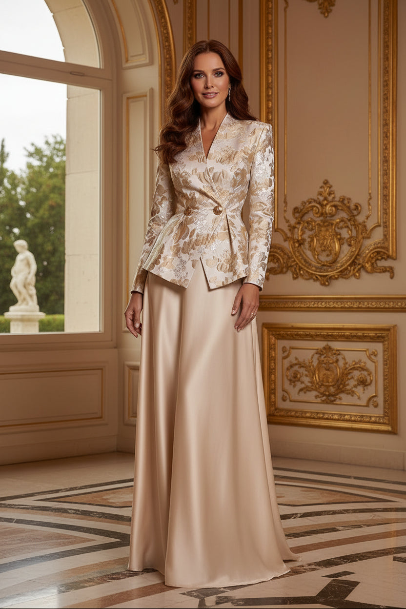 Metallic Jacquard Peplum Jacket Evening Gown