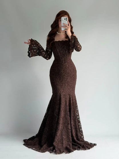 Off-Shoulder Lace Mermaid Gown with Long Sleeves