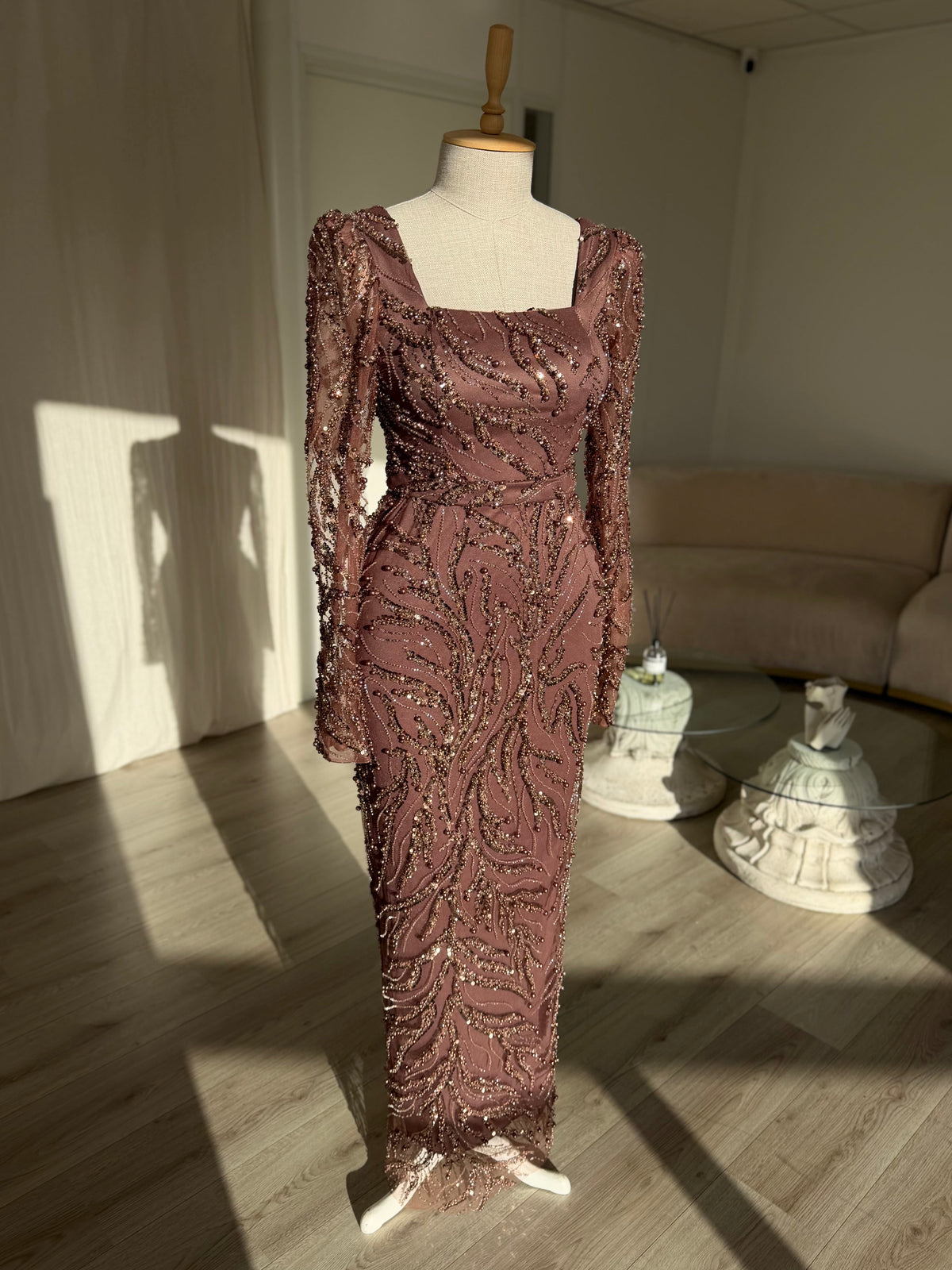 Sequin Swirl Long Sleeve Square Neck Maxi Dress