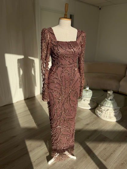 Sequin Swirl Long Sleeve Square Neck Maxi Dress