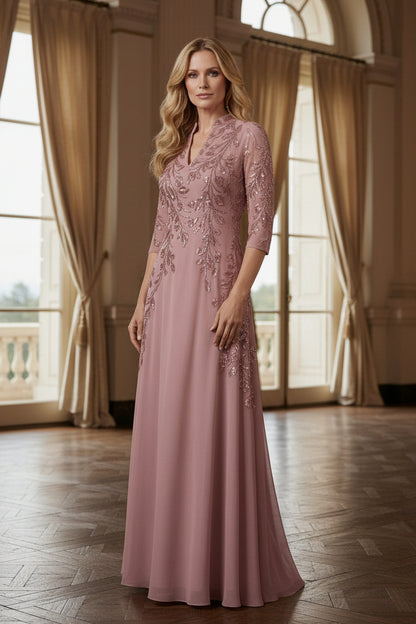 Embroidered 3/4 Sleeve A-Line Gown