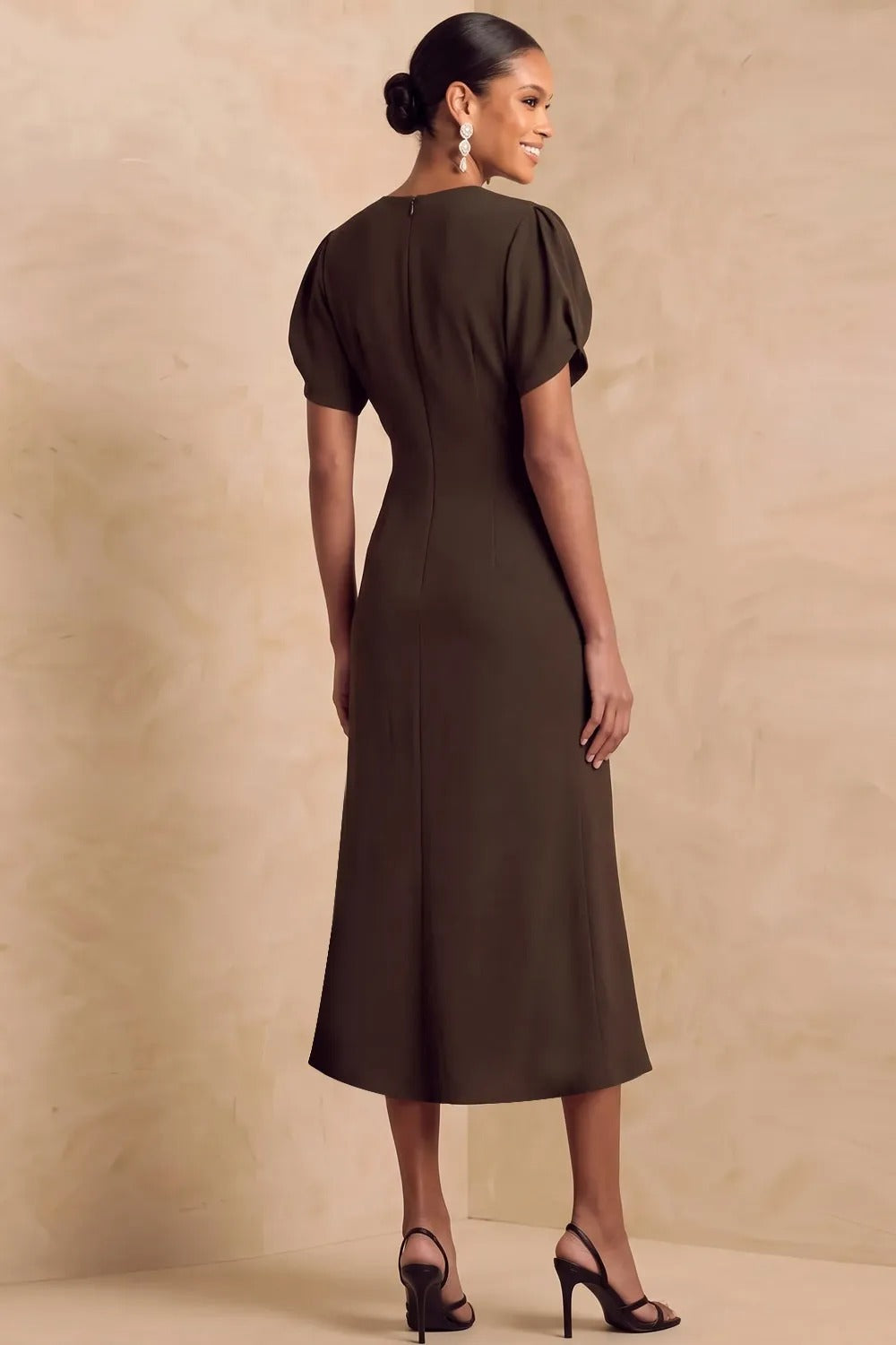 Ruched Waist Tulip Sleeve Midi Dress