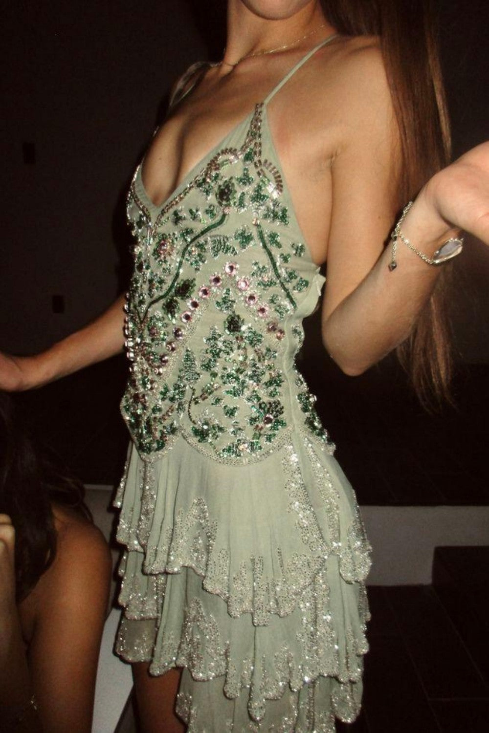 Beaded Tiered Ruffled Mini Dress with Open Back