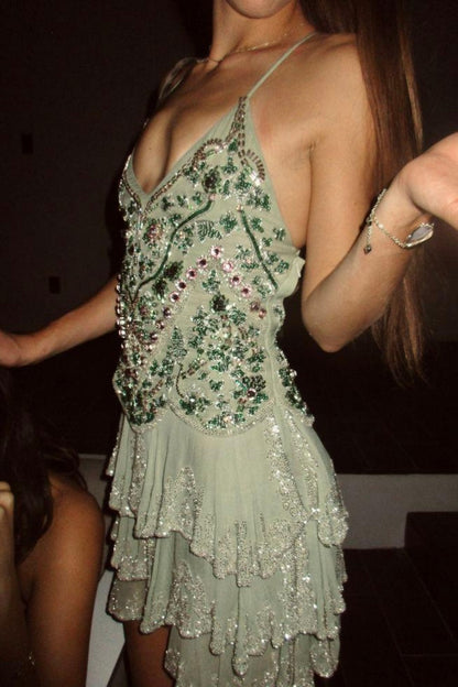 Beaded Tiered Ruffled Mini Dress with Open Back