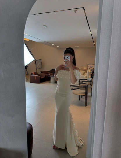 Off-the-Shoulder 3D Floral Crepe Evening Gown