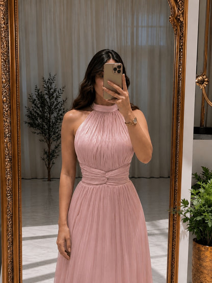 Pleated Halter Maxi Dress with Front Slit