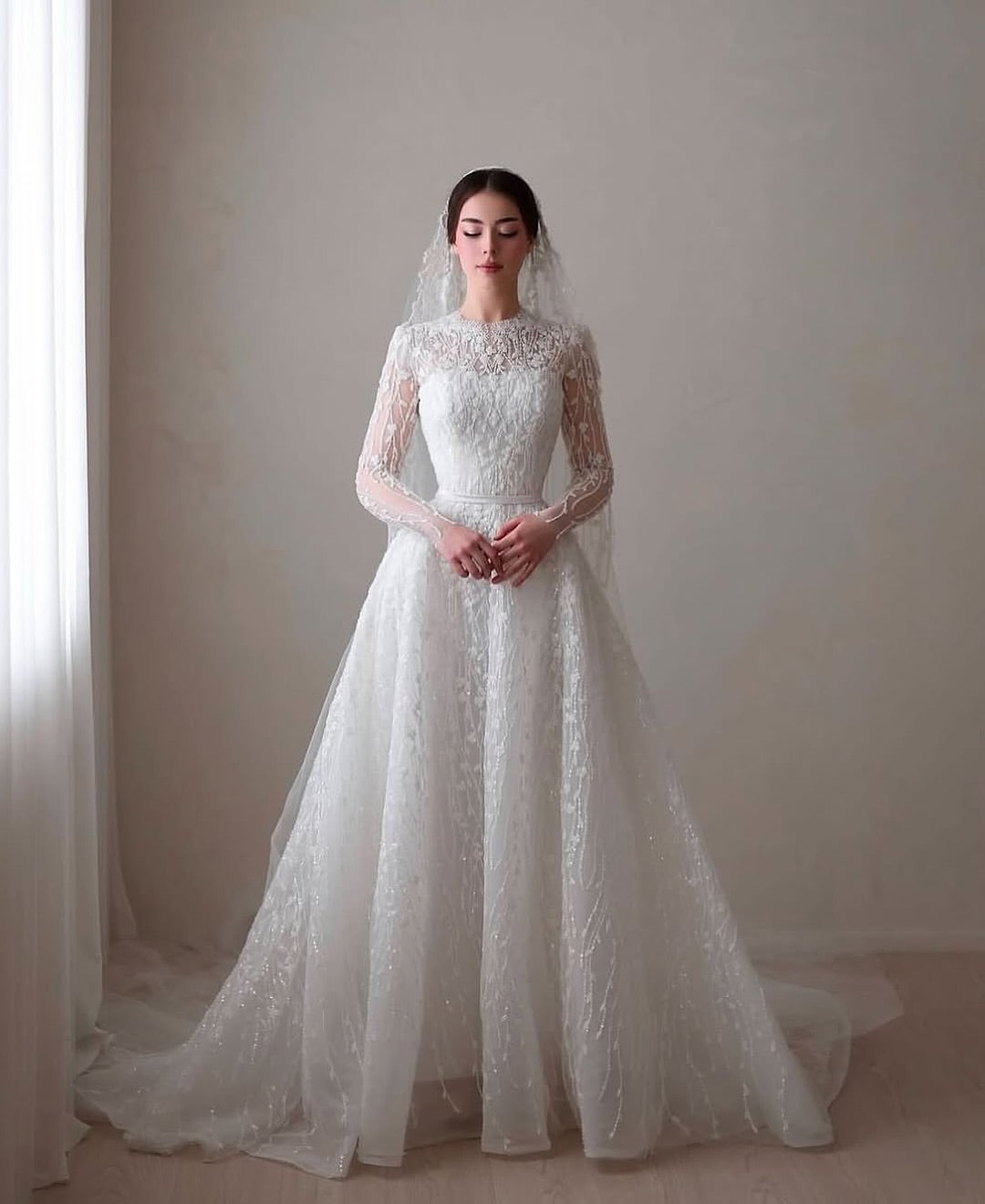 High Neck Lace Sleeve A-Line Wedding Dress