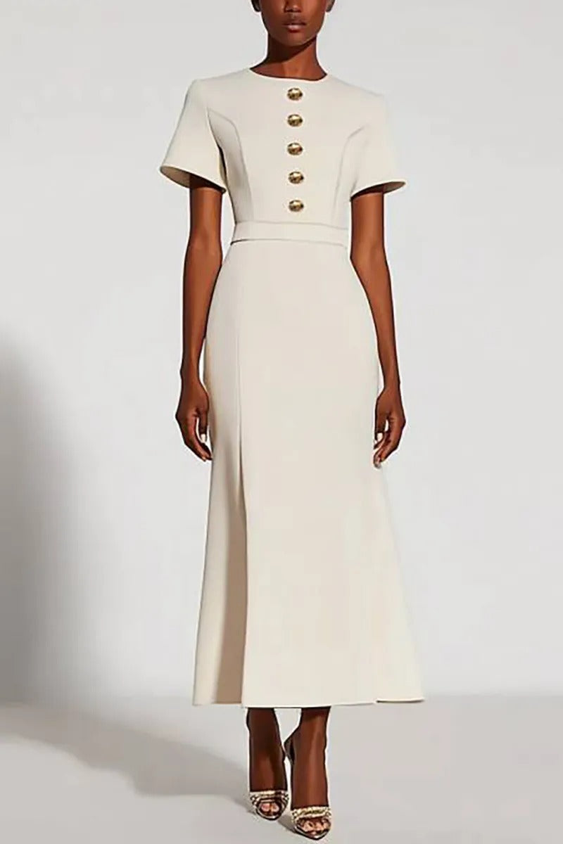 Short-Sleeve Button-Front Flared Ankle Dress