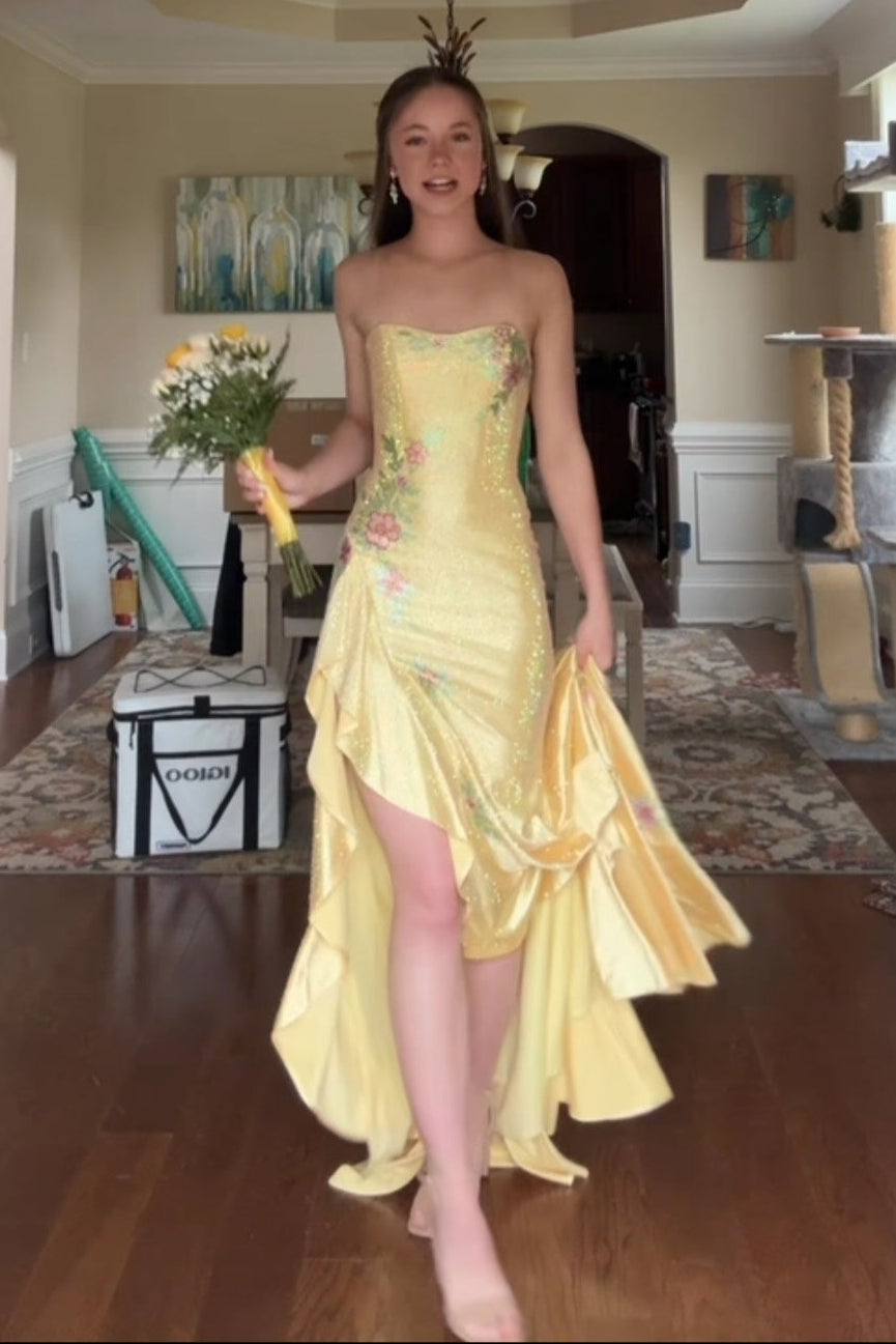 Strapless High-Low Gown with Floral Embroidery