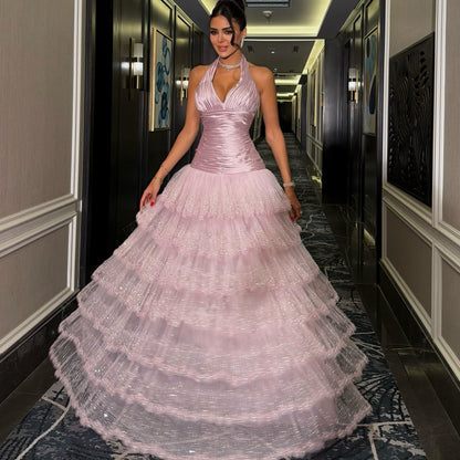 Halter Ruched Bodice Tiered Ball Gown