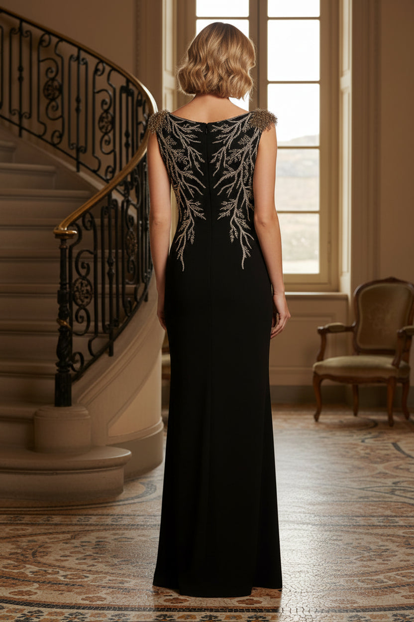 Beaded Branch Crepe Column Evening Gown