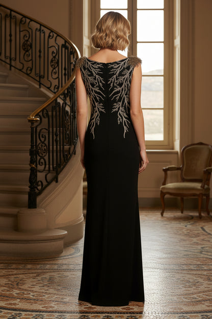 Beaded Branch Crepe Column Evening Gown