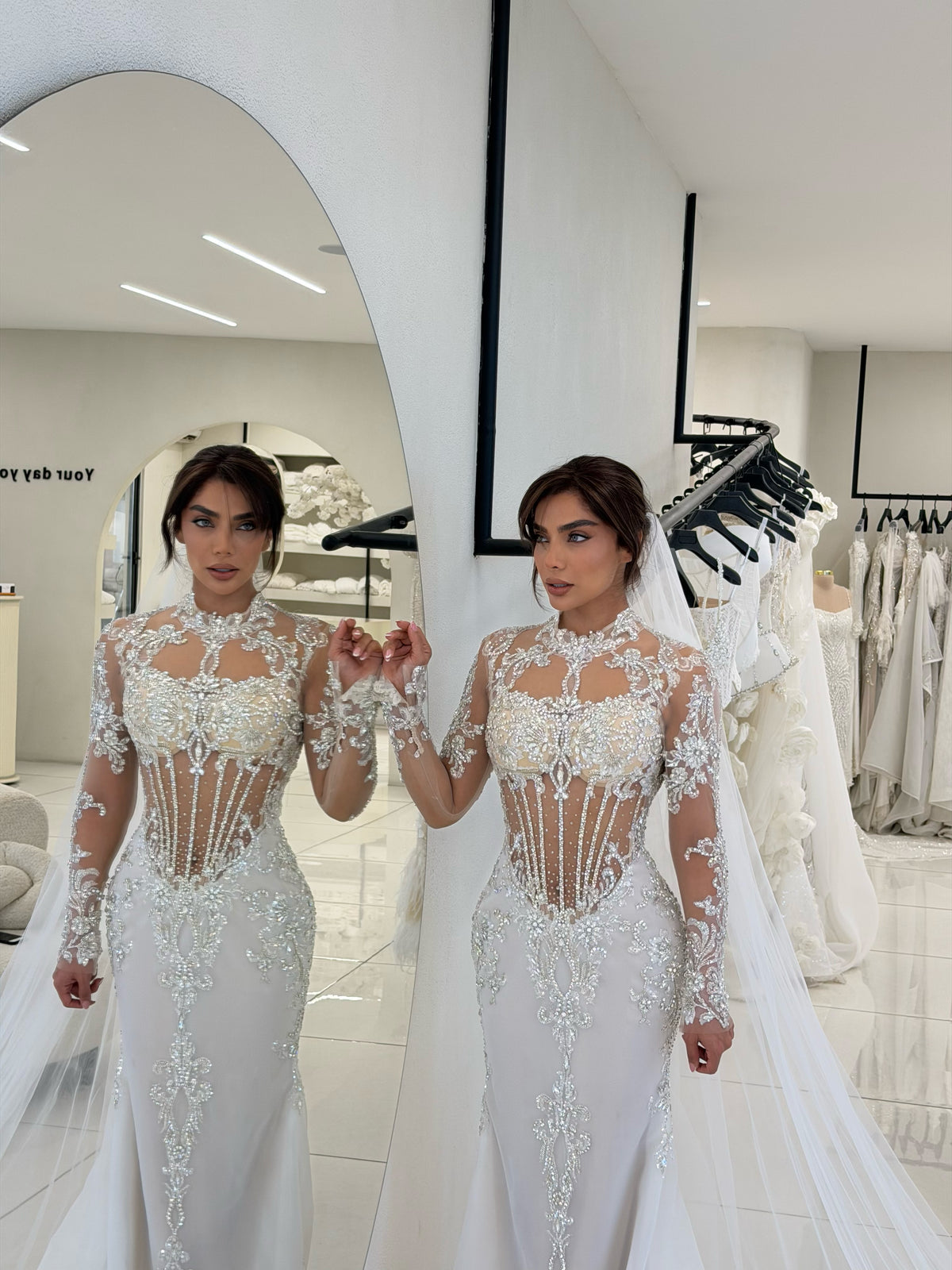 Beaded Corset Long Sleeve Illusion Wedding Dress
