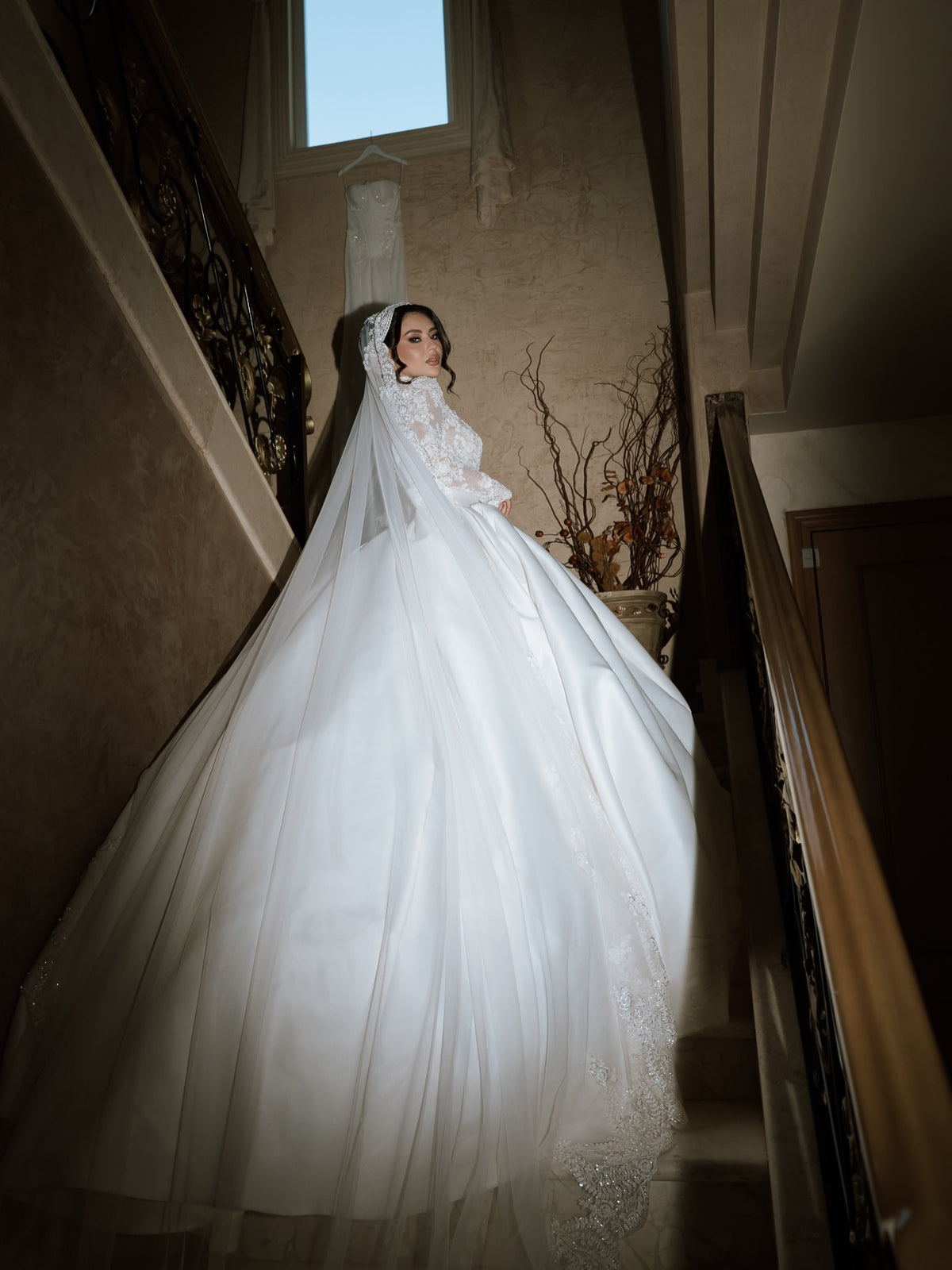 High Neck Lace Bodice Satin Ball Gown Wedding Dress