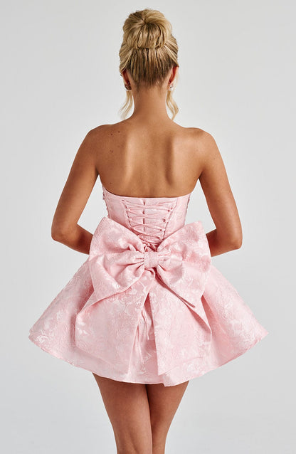 Strapless Jacquard Mini Dress with Statement Bow