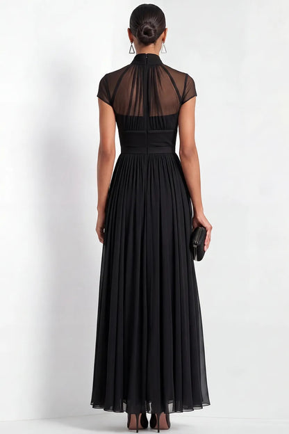 High Neck Pleated Cap Sleeve Chiffon Maxi Gown