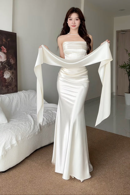 Strapless Ruched Satin Mermaid Gown with Shawl