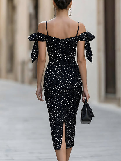 Polka Dot Sweetheart Midi Dress with Tie Sleeves