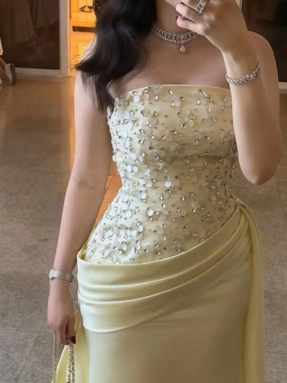 Strapless Beaded Satin Evening Gown