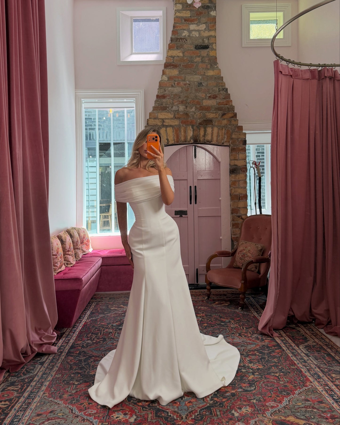 Off-Shoulder Satin Mermaid Wedding Gown with Train