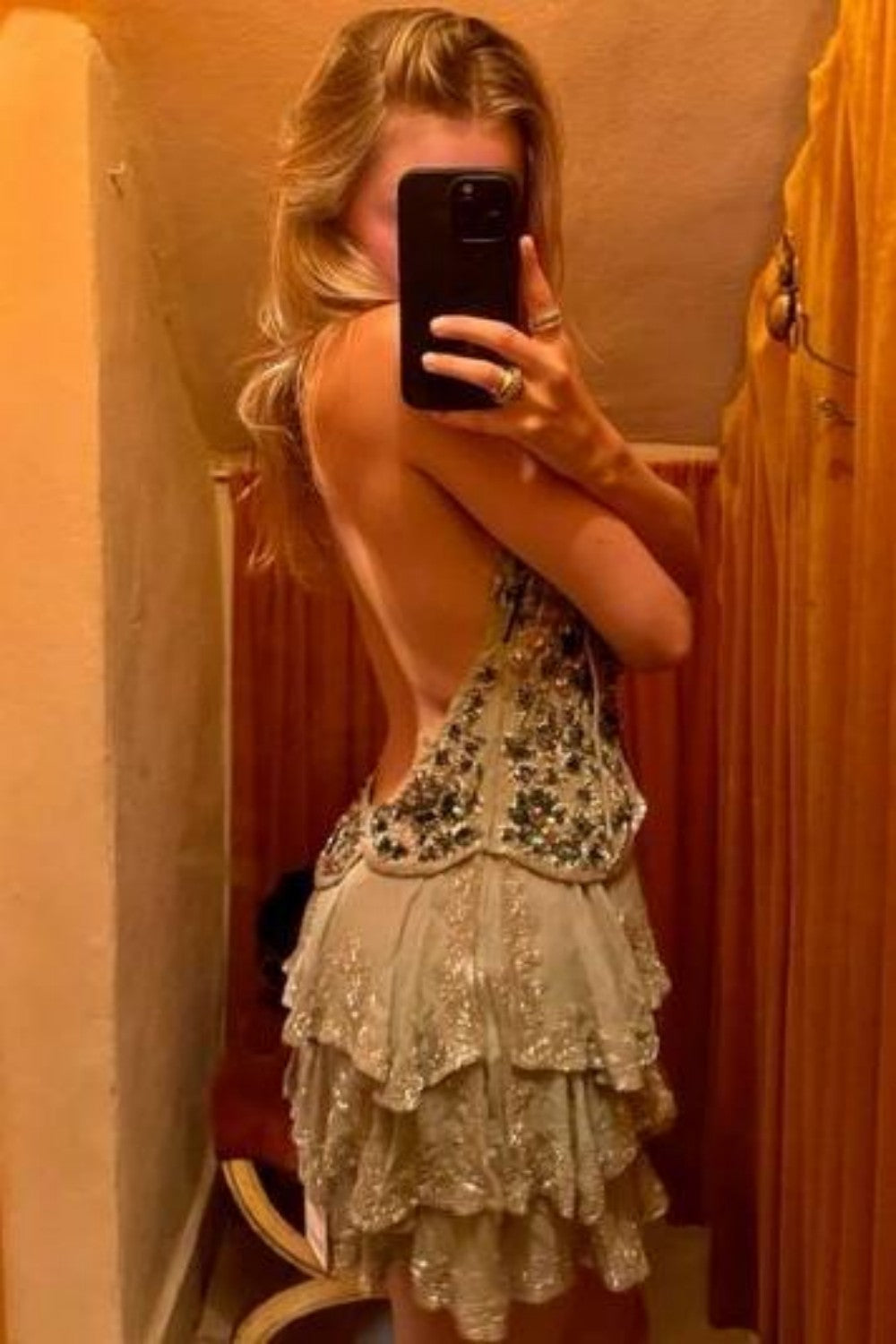 Beaded Tiered Ruffled Mini Dress with Open Back