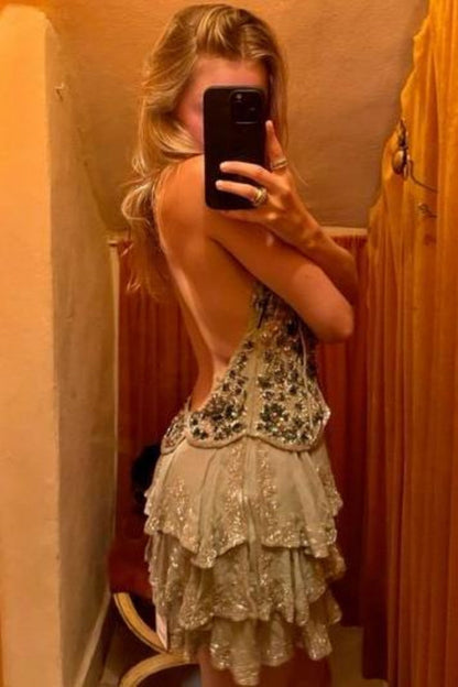 Beaded Tiered Ruffled Mini Dress with Open Back